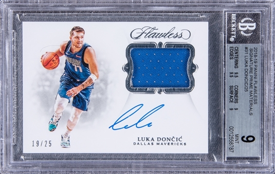 2018-19 Panini Flawless Signature Prime Materials #31 Luka Doncic Signed Game Used Patch Rookie Card (#19/25) - BGS MINT 9/BGS 10